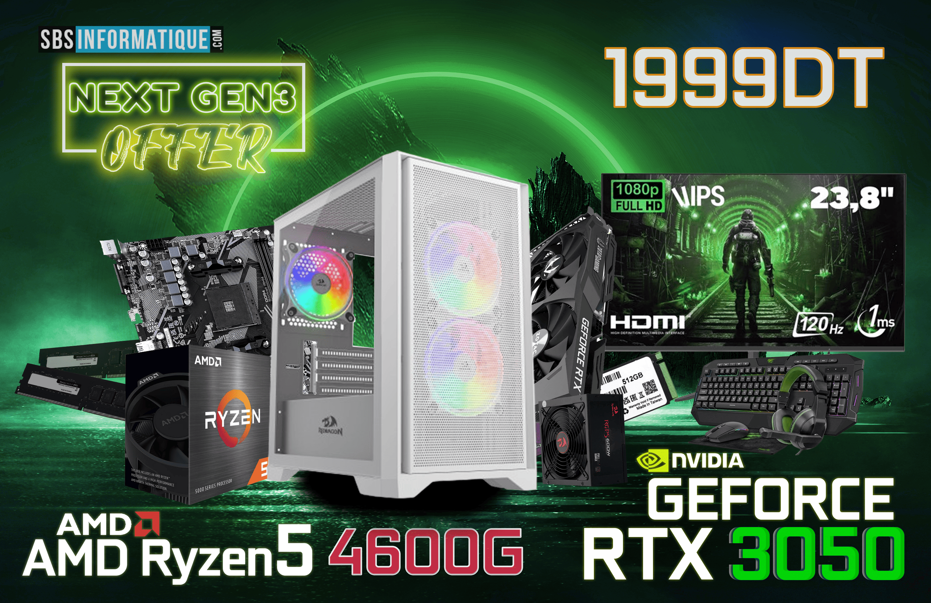 PC Gamer Pack NextGen III - Ryzen 5 4600G - RTX 3050 - 16Gb - 512 Gb