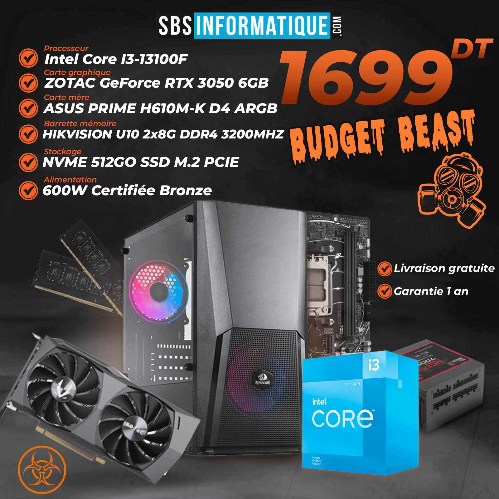 PC Gamer Budget Beast- i3-13100F - RTX 3050 - 16Gb - 512 Gb