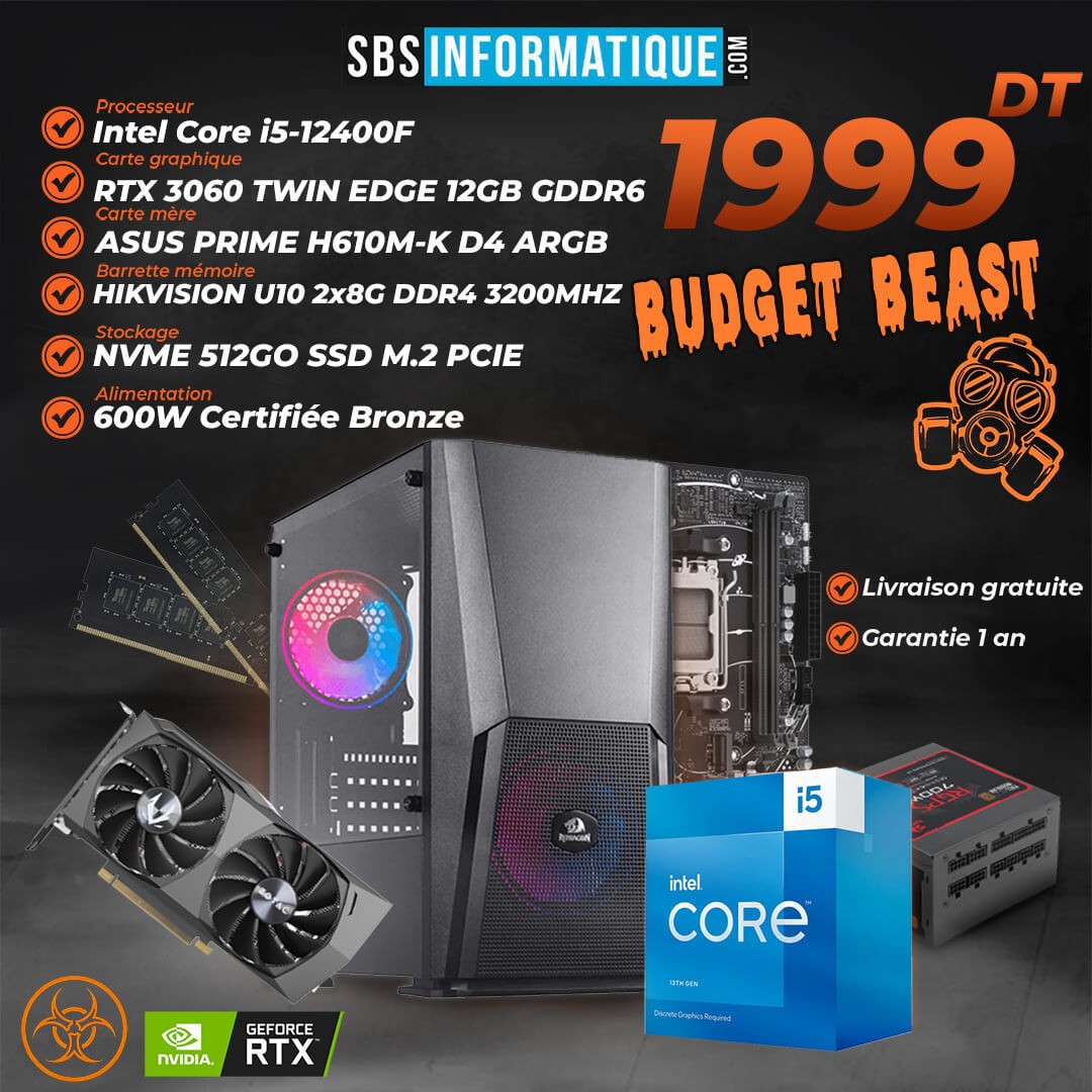 PC Gamer Budget Beast - I5 12400F - RTX 3060 - 16Go - 512Go