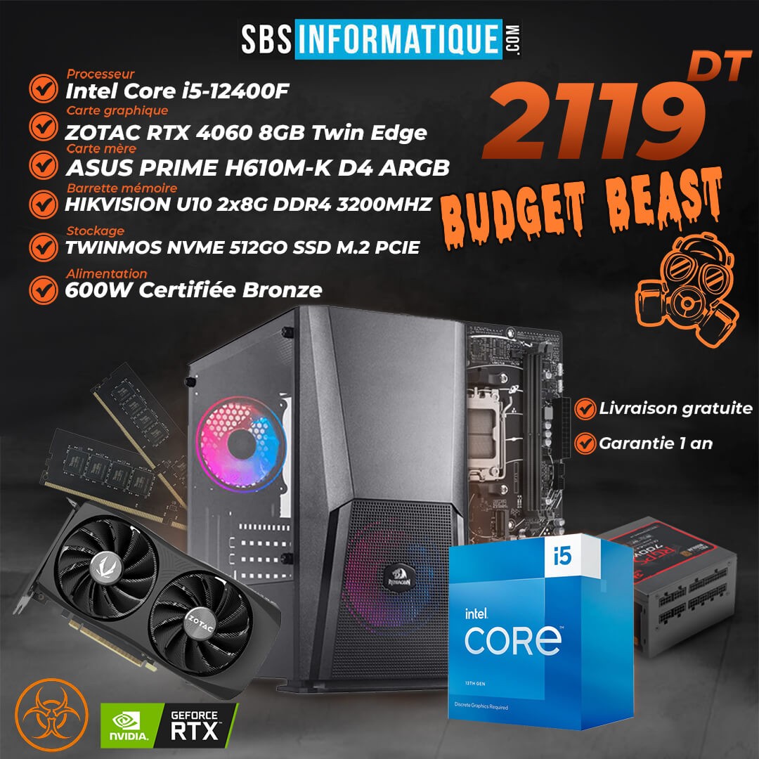 PC Gamer Budget Beast -I5 12400F-RTX 4060-16Go-512Go