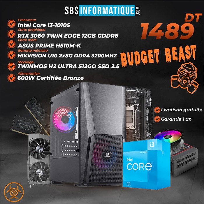 PC Gamer Budget Beast- i3-10105 - RTX 3060 - 16Gb - 512 Gb