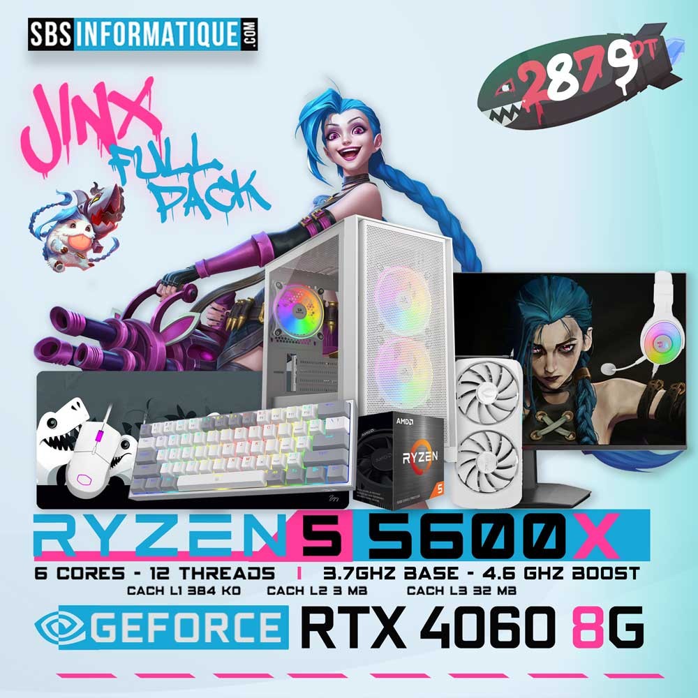 PC Gamer JINX PACK - Ryzen 5 5600X - RTX 4060 - 16Go - 512Go