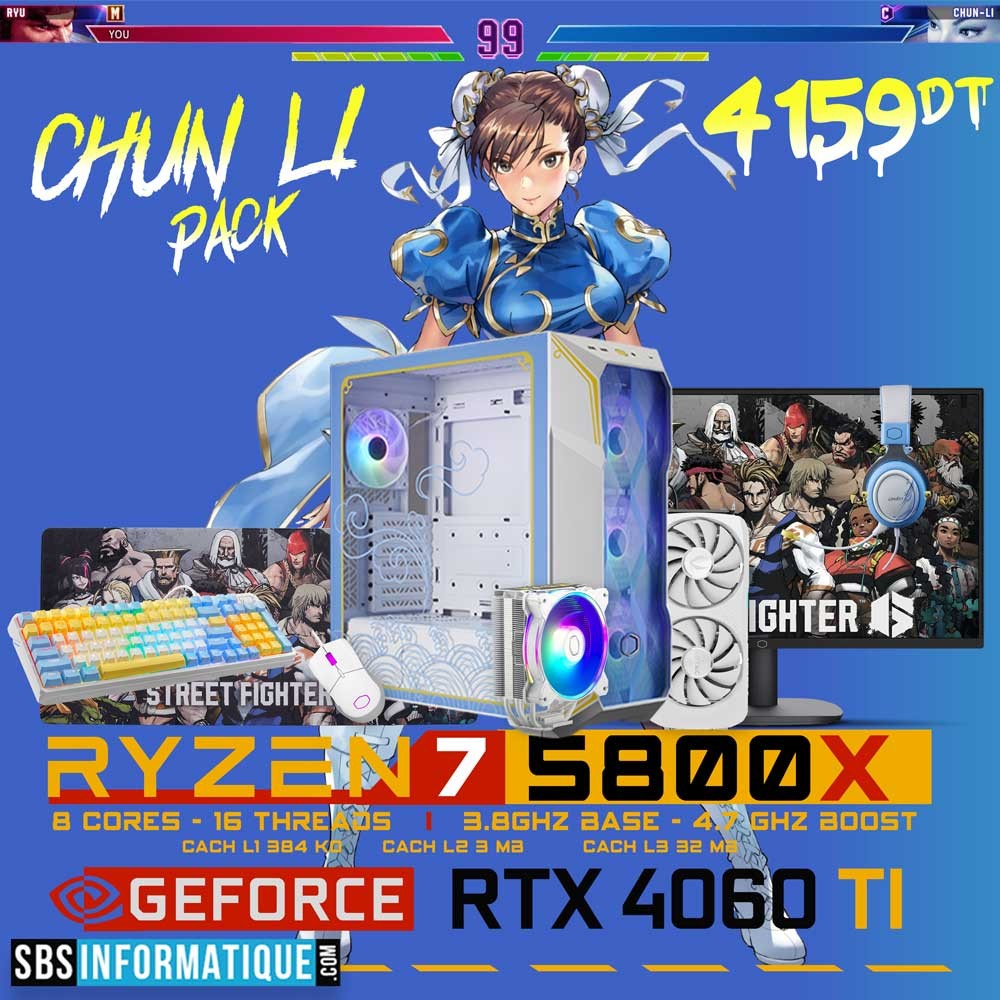 PC Gamer CHUN LI PACK - Ryzen 7 5800X - RTX 4060 TI - 16Go - 512Go