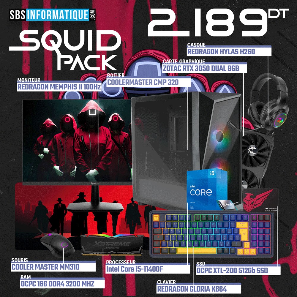 PC Gamer SQUID PACK - INTEL I5 - 11400F - RTX 3050 8Go - 16Go - 512Go