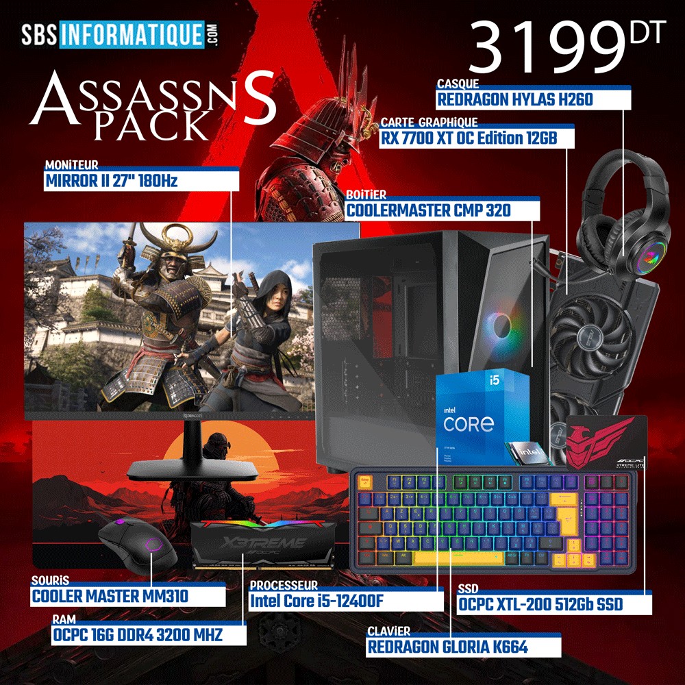 PC Gamer ASSASSNS PACK - INTEL I5 - 12400F - RX 7700 XT - 16Go - 512Go