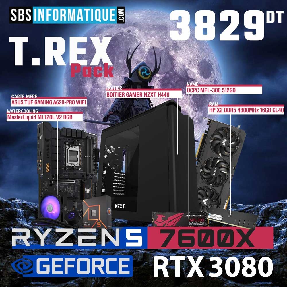 PC Gamer T.REX - RYZEN 5 7600X - RTX 3080 - 16Go - 512Go - 3 829,000 TND