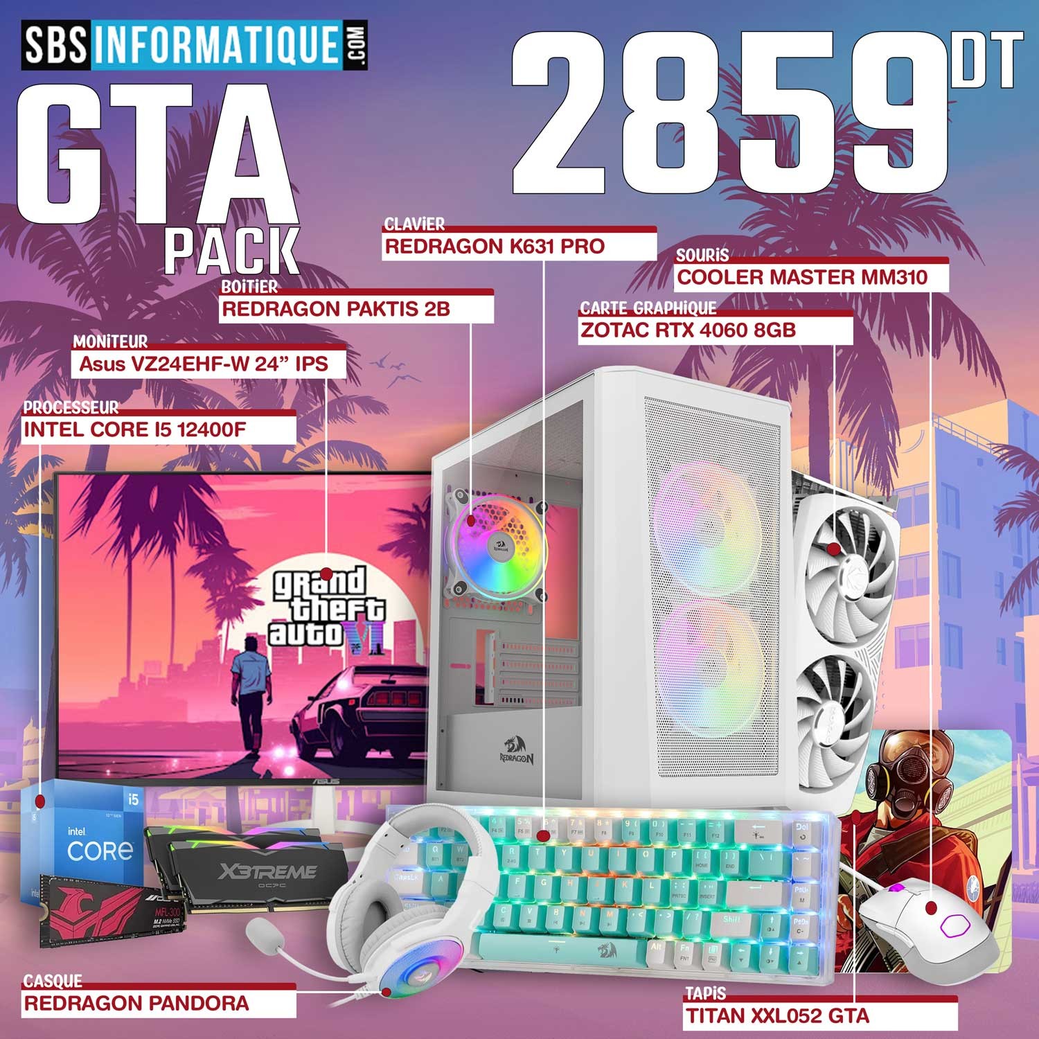 PC Gamer GTA PACK - INTEL I5 - 12400F - RTX 4060 8Go - 16Go - 512Go