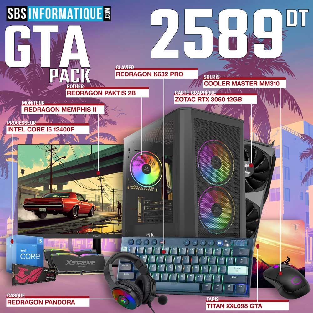 PC Gamer GTA PACK - INTEL I5 - 12400F - RTX 3060 12Go - 16Go - 512Go