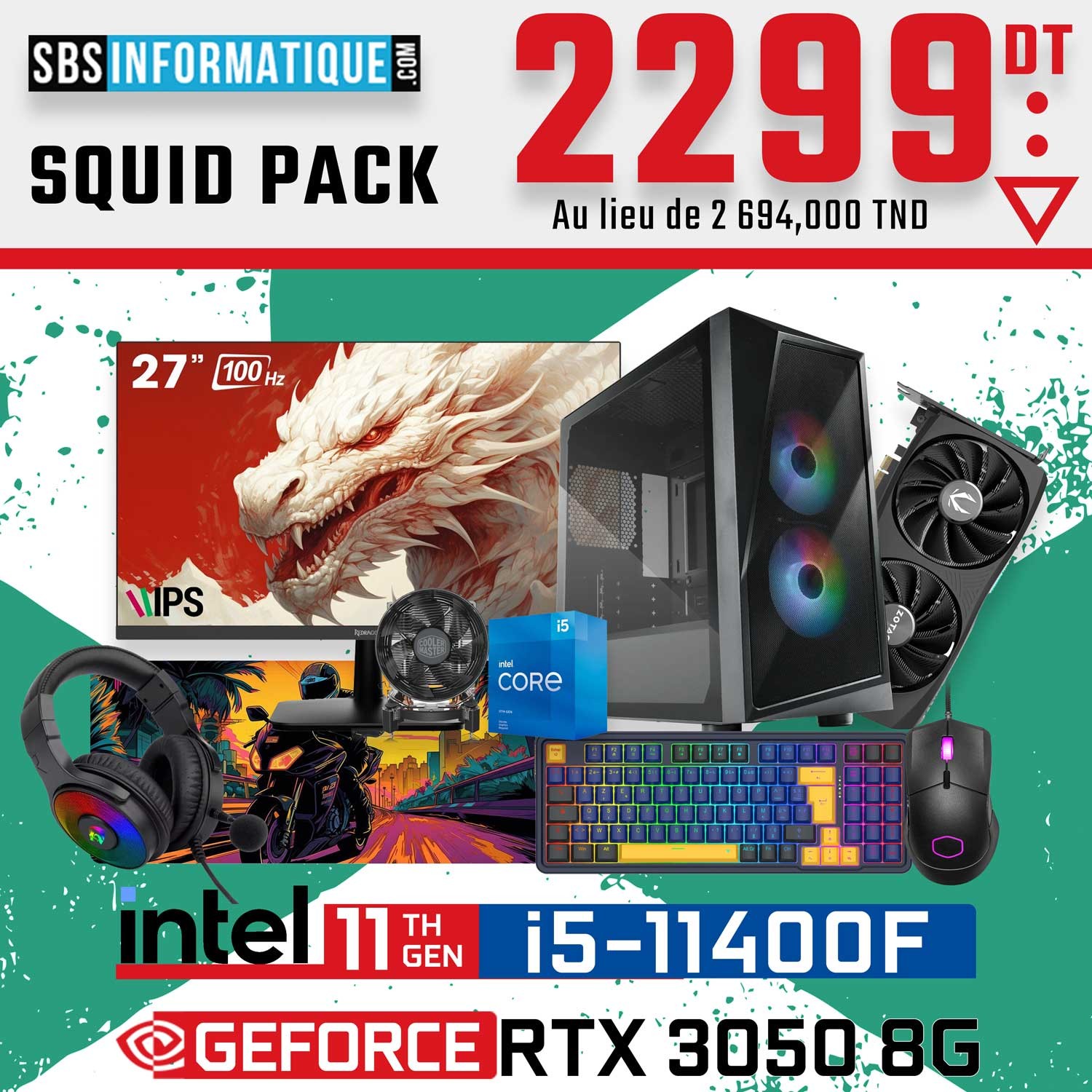 PC Gamer SQUID PACK - INTEL I5 - 11400F - RTX 3050 8Go - 16Go - 512Go