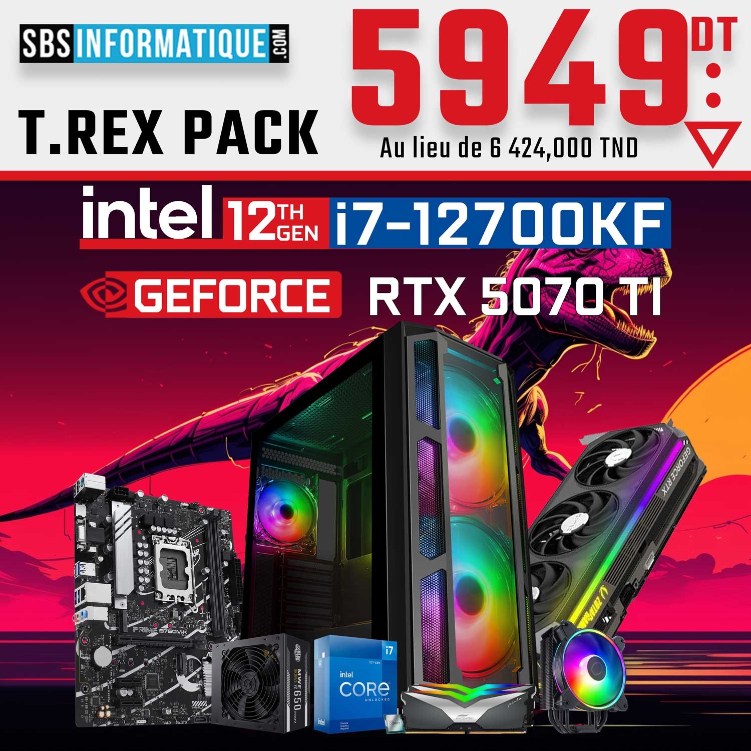 PC Gamer T.REX - Intel i7 12700kf - RTX 5070 TI - 16Go - 512Go