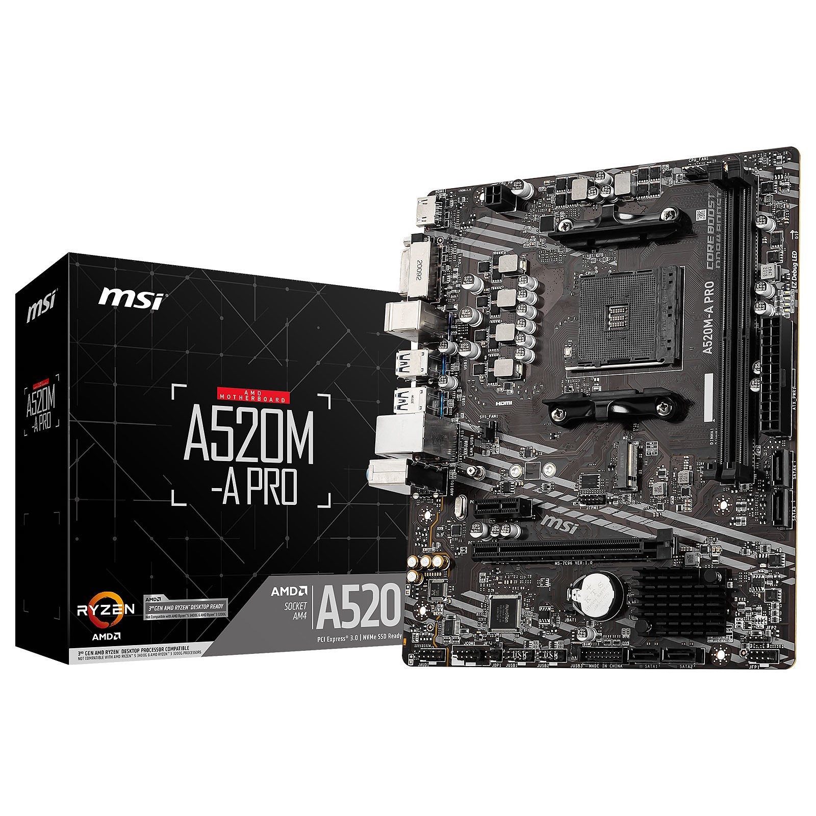 MSI A320M-A Pro Carte mère Micro-ATX - AMD Ryzen 3000 3ème gén. AM4, 2 x  DIMMs DDR4 (3200MHz), 1x Slot PCIe 3.0 x16, USB 3.2 Gen1, 1G LAN, HDMI 1.4  & VGA : : Informatique